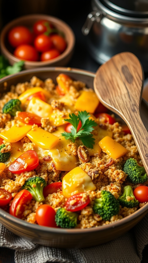 A quinoa vegetable casserole with melted cheese, broccoli, bell peppers, and cherry tomatoes in a rustic baking dish.